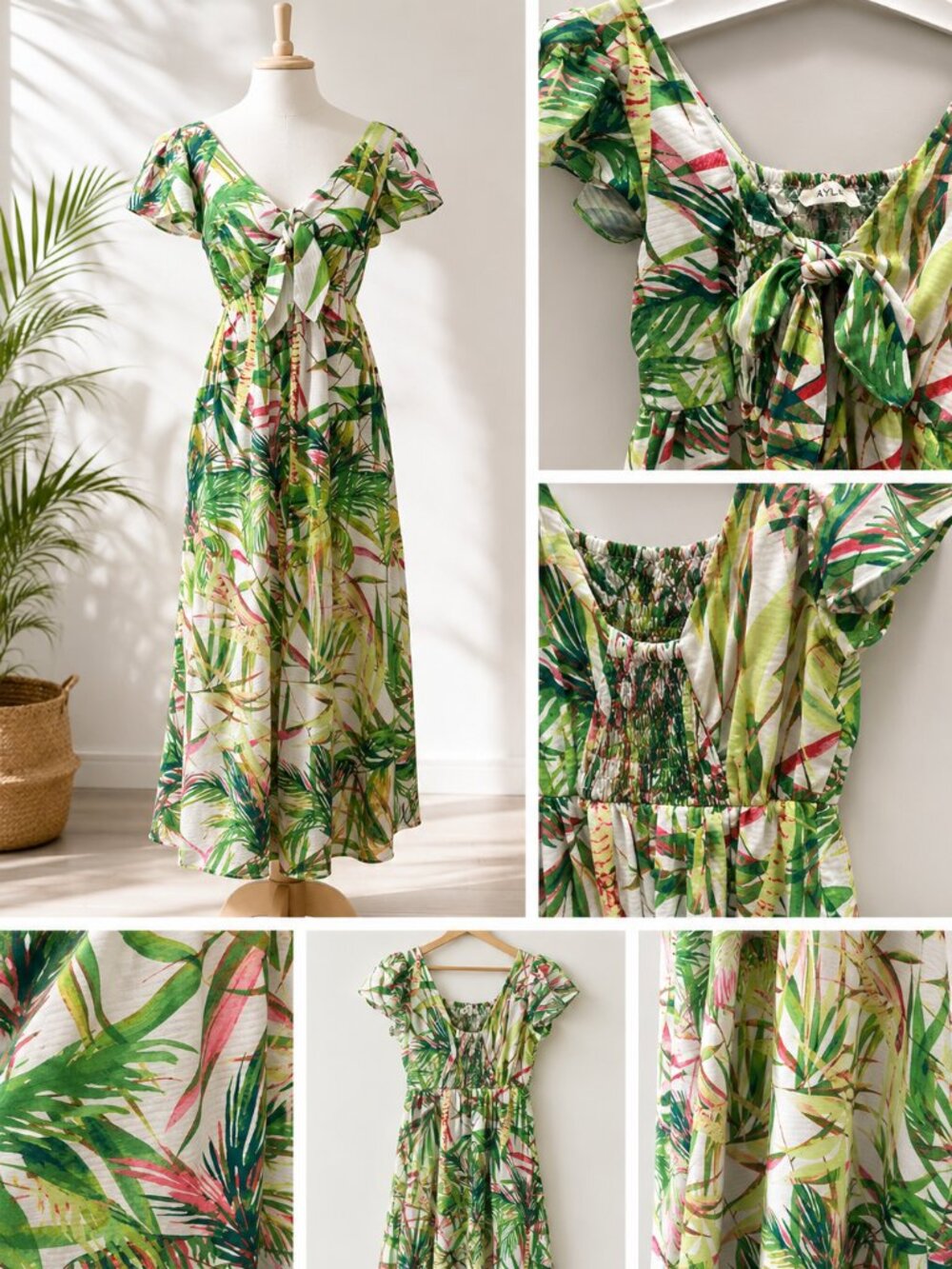 Taylor Tropical Leaf Print Flutter Sleeve Maxi Dress in Green and Pink, Pockets
